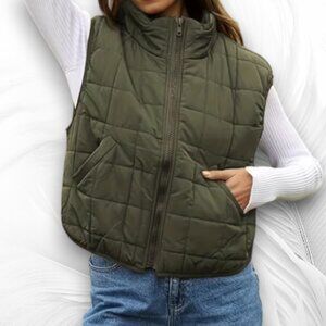 New - Olive Green Quilted Sleeveless Vest Size: L